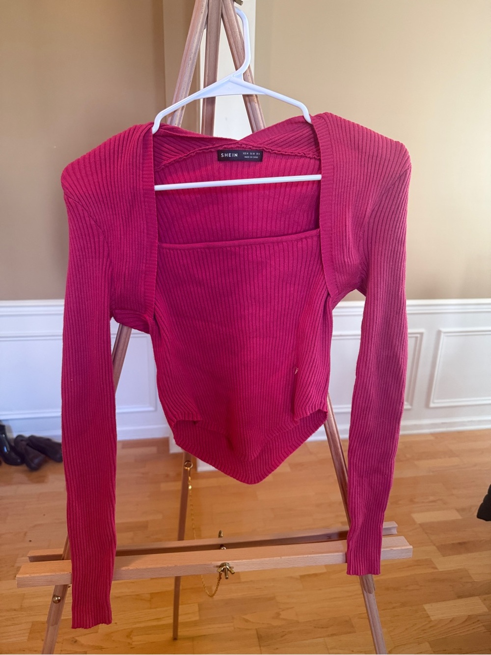 SHEIN Ribbed Square-Neck Long Sleeve Top - Fuchsia